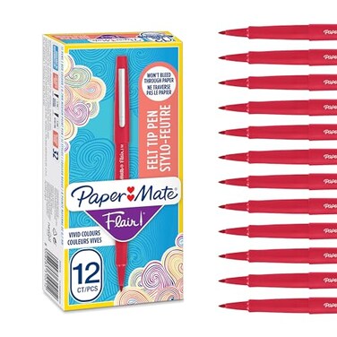 Paper Mate Flair Felt Tip Pens Medium Point 07 mm Marker Pens Red Pens for Writing Marking Drawing Sketching 12 Count