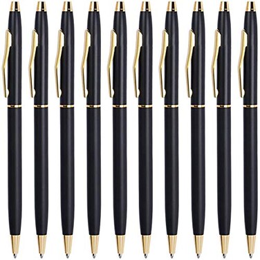 Cambond Slim Ballpoint Pens Bulk Black Ink 10mm Medium Point Retractable Metal Pen for Police Uniform Flight Attendant Office 10 Pack Black Barrel