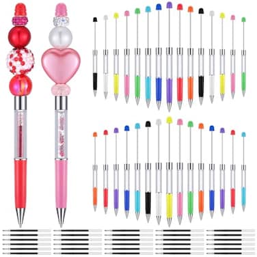 Resurhang 30 Pcs Plastic Beadable Pens 2 in 1 Empty Tube Floating Bead Pens Bulk with 30 Pcs Black Ink Refills for Handwriting DIY Making Ballpoint Gift Office School Supplies Empty Tube