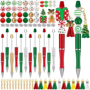 Vellibring 12 Set Christmas Beadable Pens Plastic Bead Pens Winter Gingerbread Man Bulk Ballpoint DIY Crafting Pens Making Kit with Pendants Lobster Clasps for Students Teens School Office Supplies