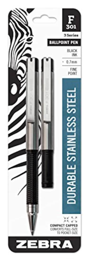 Zebra Pen F301 Compact Ballpoint Black Ink Fine Point 07mm Pen EasyGlide Ink Stainless Steel Retractable NonSlip Grip Converts from Full Size to Pocket Size 2Pack 27412