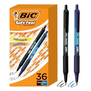BIC Soft Feel Retractable Ballpoint Pen10 mm Medium Point Bulk School Supplies for Students and Teachers NoSlip Grip 36Count in Black Blue