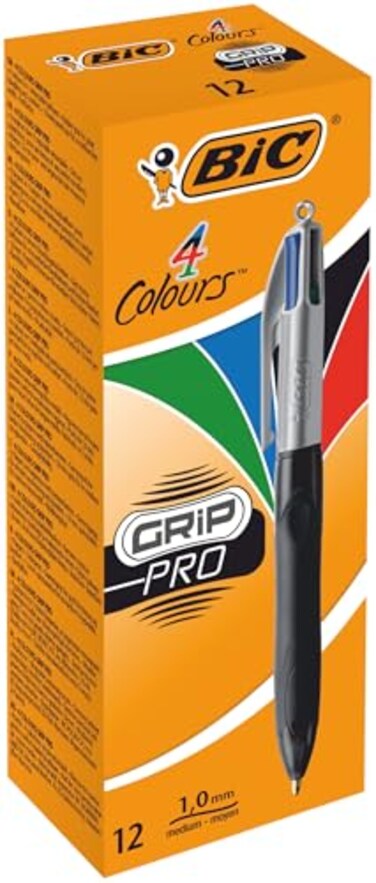 BIC 4 Colours Grip Pro Retractable Medium Point 10 mm Ballpoint Pens 12 Pens and Each Pen Contains 4 Colours