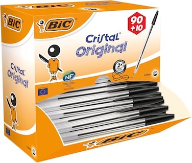 BIC Cristal Original Ballpoint Pens EveryDay Biro Pen Fine Point 10mm Ideal for School Black Ink 100 Count Pack of 1