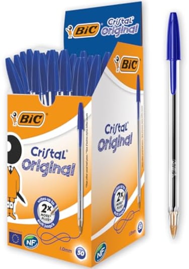 BIC Cristal Original Ballpoint Pens Medium Point 10 mm EveryDay Writing Pens with Clear Barrel Blue Box of 50