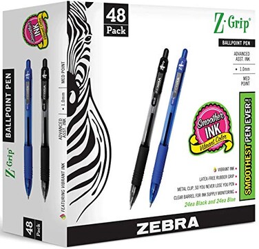 Zebra Pen ZGrip Retractable Ballpoint Pens Medium Point 10 mm 24 Black Pens 24 Blue Pens Combo Bulk Pack 48 Pack