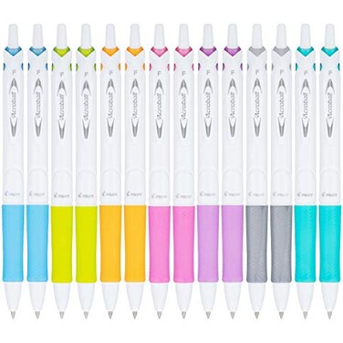 Pilot Acroball PureWhite Advanced Ink Refillable Retractable Ball Point Pens with Assorted Accents Fine Point Ballpoint Pens Black Ink 07mm 14Pack