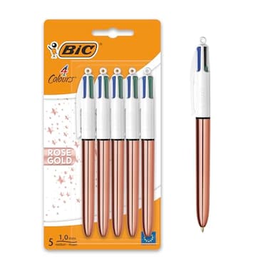 BIC 4 Colours Rose Gold Pen Multi Coloured Pens All In One Retractable Ballpoint Pen Medium 10mm Green Blue Red Black 5 Pens Per Pack 1 Pack