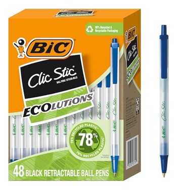 BIC Ecolutions Clic Stic Blue Ballpoint Pens Medium Point 10mm 48Count Pack Retractable Ball Point Pens Made from 78 Recycled Plastic