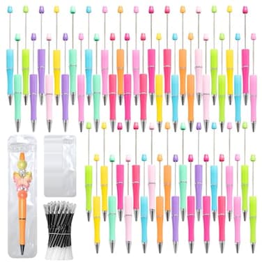 DASTTUIS 150 Pieces DIY Beadable Pen Kit 50 Plastic Ballpoint Pens with Refills Bags School Supplies Office Accessories Decorative Items for Students Teachers Sweet