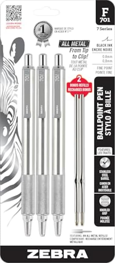 Zebra Pen F701 Ballpoint Black Ink Fine Point 08mm Pen Heavy Duty Durable Stainless Steel Barrel Knurled Grip Silent Retractable Plunger Ideal for Tactical Use 3Pack Plus 2 Refills 29412
