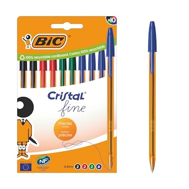 BIC Cristal Original Ballpoint Pens Fine Tip 8 mm Assorted Colours Orange Barrel Box of 10