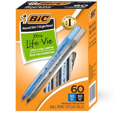 BIC Round Stic Xtra Life Pens Medium Point 10 mm 30 Black 30 Blue Ink Pens Pack of 60