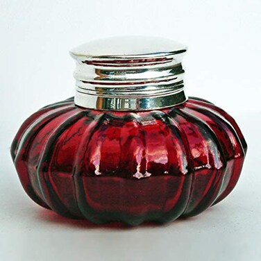 BM Antique Silver Ruby Red Glass Inkwell Desk Ink Well