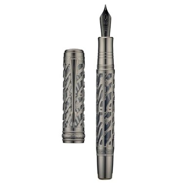 HONG DIAN A6 Piston Fountain Pen Extra Fine Soft Nib Jet Black Hollow Skeleton Resin Pen with Metal Case Set