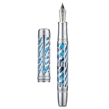 HONG DIAN A6 Piston Fountain Pen Extra Fine Soft Nib Silver Blue Hollow Skeleton Resin Pen with Metal Case Set