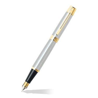 Sheaffer 300 Gold Tone Trim Fountain Pen Medium Nib Brushed Chrome E0932753