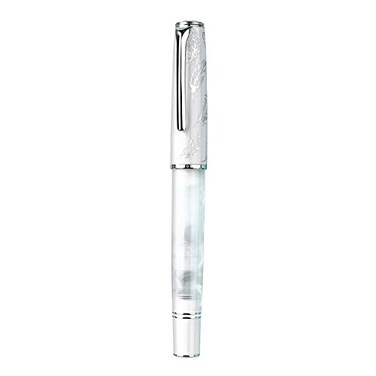 HONG DIAN N8 White Acrylic Resin Fountain Pen Iridium Medium Nib Silver Plated Feather Carving Cap Smooth Writing Pen with Converter and Metal Pen Box Set