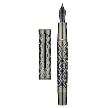HONG DIAN D1 Piston Fountain Pen Extra Fine Soft Nib Jet Black Hollow Skeleton Resin Pen with Metal Case Set