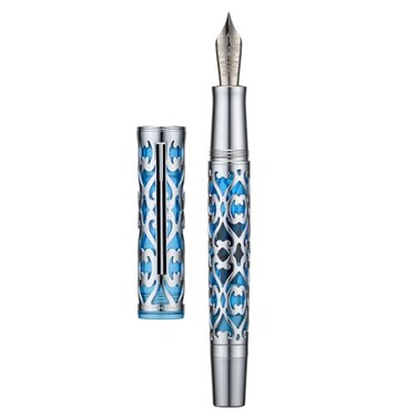 HONG DIAN D1 Piston Fountain Pen Fine Soft Nib Silver Blue Hollow Skeleton Resin Pen with Metal Case Set