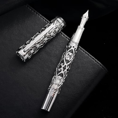 HONG DIAN D1 Piston Fountain Pen Extra Fine Nib Hollow Skeleton Resin Pen with Metal Case Set Silver