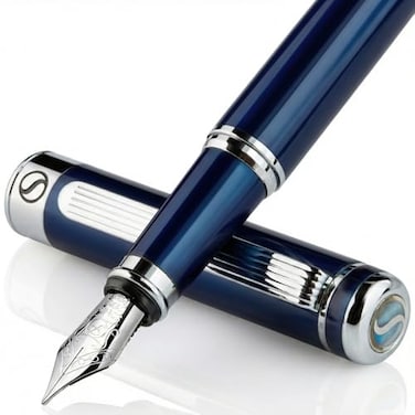 Scriveiner Midnight Blue Fountain Pen Stunning Luxury Pen with Chrome Appointments Schmidt Nib Fine Best Pen Gift Set for Men Women Professional Executive Office Nice Pens