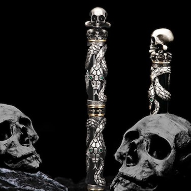 Lanxivi Jinhao Black Snake Fountain Pen Fine Nib with Skull Head Solid Metal