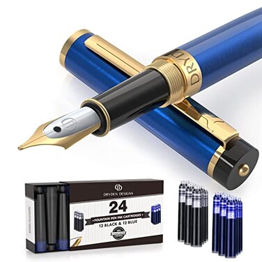 Dryden Designs Fountain Pen Medium Nib Gift Pouch with 24 Ink Cartridges MCM Blue