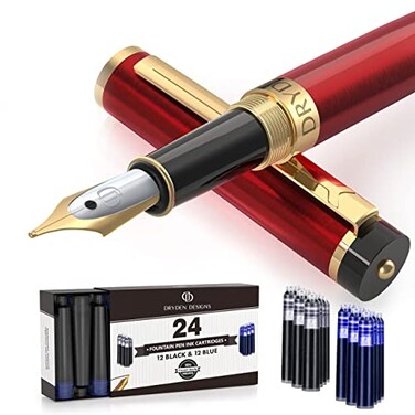 Dryden Designs Fountain Pen Medium Nib Gift Pouch with 24 Ink Cartridges MCM Red