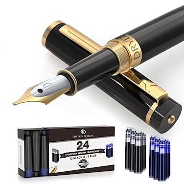 Dryden Designs Fountain Pen Medium Nib Gift Pouch with 24 Ink Cartridges MCM Intense Black
