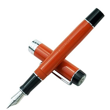 Lanxivi Jinhao Classic Fountain Pen with Jinhao Stamp Orange Red Celluloid Silver Trim Medium Nib with Conveter and Pen Case Set