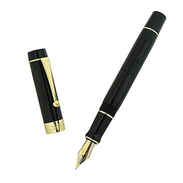 Lanxivi Classic Fountain Pen Vivid Black Celluloid with Jinhao Stamp Medium Nib with Conveter and Pen Case Set