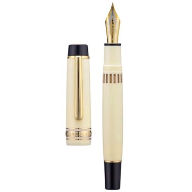 Wikult Yongsheng Junlai 930 Acrylic Fountain Pen Size 9 Medium Nib with Piston Filling System Ivory White Fence Ink Tank with Flat Top Design Smooth Writing Pen Gold Trim