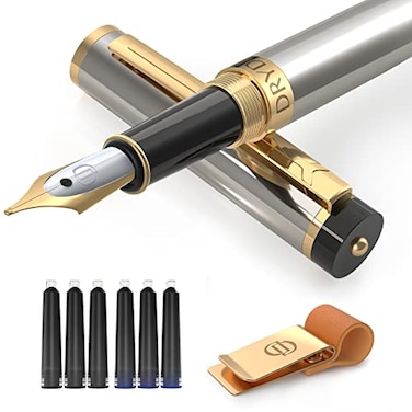 Dryden Designs Fountain Pen Medium Nib 05mm Includes 6 Ink Cartridges 3 Black 3 Blue Notebook Clips and Ink Refill Converter Silver