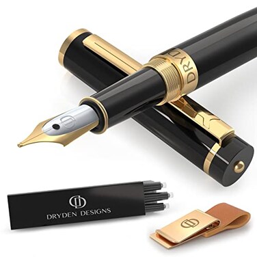 Dryden Designs Fountain Pen and Notebook Clips Intense Black Medium Nib Includes 6 Ink Cartridges Pouch and Ink Refill Converter Classic Writing Tool