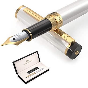 Dryden Designs Fountain Pen Medium Nib Premium Box 6 Ink Cartridges Included Pearl White