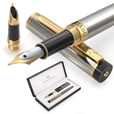 Dryden Designs Fountain Pen Medium Nib and Fine Nib Includes Luxury Box 6 Ink Cartridges 3 Black 3 Blue and Ink Refill Converter Metallic Silver