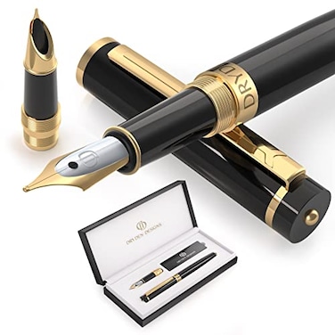 Dryden Designs Fountain Pen Medium Nib and Fine Nib Includes Luxury Box 6 Ink Cartridges 3 Black 3 Blue and Ink Refill Converter Intense Black