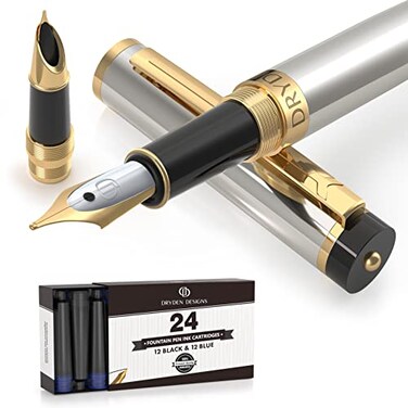 Dryden Designs Fountain Pen Medium and Fine Nibs Metallic Silver Includes 24 Ink Cartridges 12 Black and 12 Blue