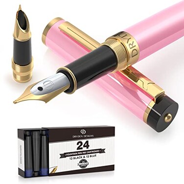 Dryden Designs Fountain Pen Medium and Fine Nibs Includes 24 Ink Cartridges and Ink Refill Converter Consistent Writing Smooth Flow Luscious Pink