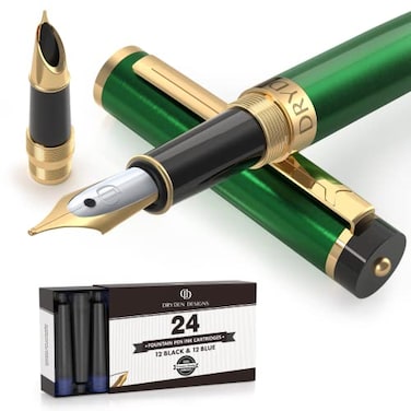 Dryden Designs Fountain Pen Medium and Fine Nibs Includes 24 Ink Cartridges and Ink Refill Converter Calligraphy Pen Consistent Writing Smooth Flow Emerald Green
