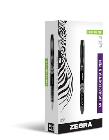 Zebra Pen Fountain Pen 06mm Fine Point Stainless Steel Nib Preloaded Black Ink Smooth Ink Flow Classic Black Barrels No Cartridge Needed 12Pack 48310