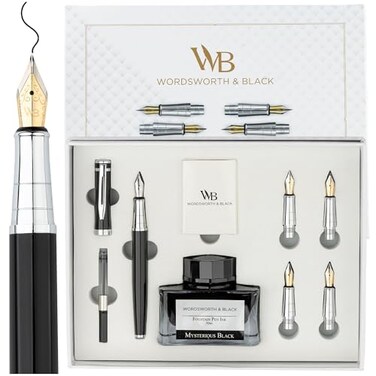WordsworthBlack Wordsworth Black Fountain Pen Gift Set Includes Ink Bottle 6 Ink Cartridges A Refill Converter 4 Replacement Nibs Premium Package Journaling Calligraphy Smooth Writing Pens Black Ch