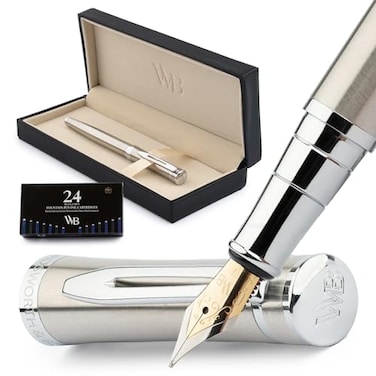 WordsworthBlack Wordsworth Black Fountain Pen Set Fine Nib Includes 24 Pack Ink Cartridges Ink Refill Converter Gift Box Chrome Finish Finish Calligraphy Silver Chrome Perfect for Men Women