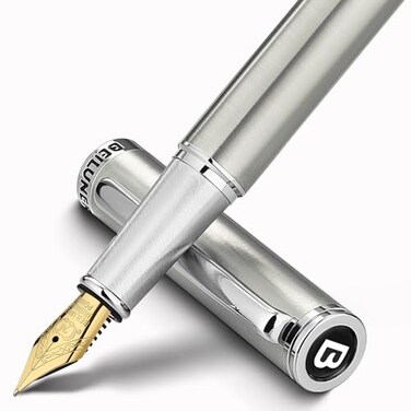 BEILUNER Luxury Fountain Pen Set Solid 24K Gilded Medium Nib Silver Stainless Steel Body Includes 6 Ink Cartridges Ink Refill Converter with Gift Case Nice pen for Men and Women