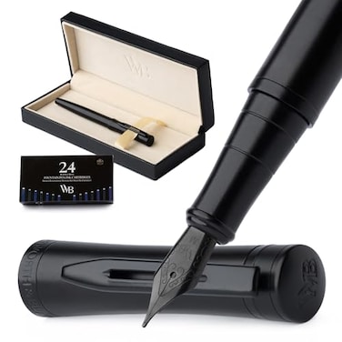 WordsworthBlack Wordsworth Black Fountain Pen Set Medium Nib Includes 24 Pack Ink Cartridges Ink Refill Converter Gift Box Calligraphy All Black Perfect for Men Women