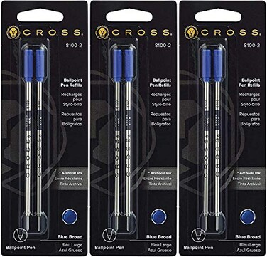 Cross Ballpoint Pen Refill Broad Blue 3 Pack 2 Per Card 81002
