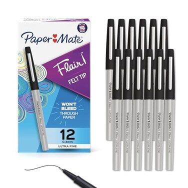 Paper Mate Flair Felt Tip Pens Ultra Fine Point 04mm Black Ink 12 Count Office Supplies No Bleed For Precise and Expressive Writing