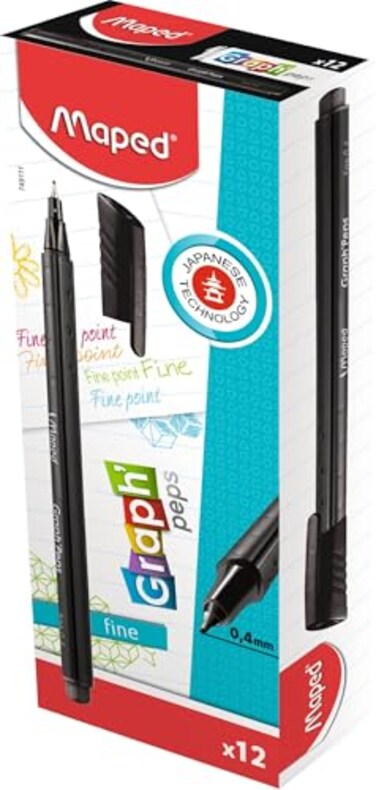 Maped GraphPeps Fine Tipped 04mm Fine Line Triangular Felt Pens Metal Nib Protection Vibrant Colors for Art Reusable carrying Case Pack of 12 Pens