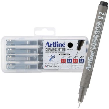 Artline 230 Drawing System Pens Technical Drawing Pens For Drafting Illustrating and More 02mm 04mm 06mm and 08mm Fine Tips Black 4Pack